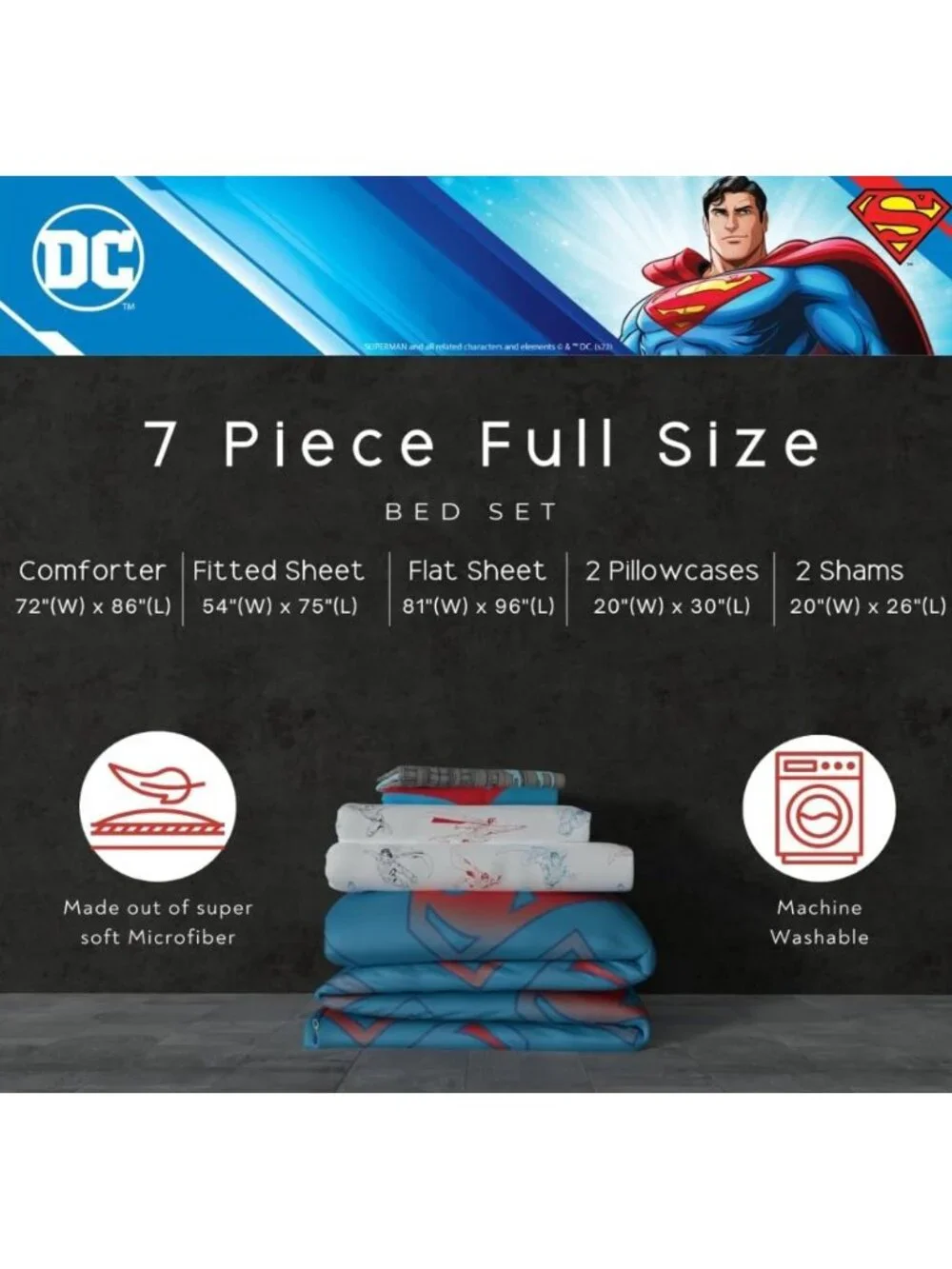 Superman 7-Piece Full Size Bed Set With Reversible Comforter & Pillowcases - DC